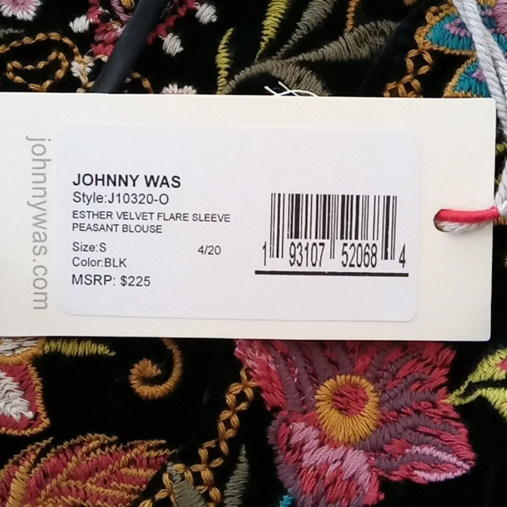 Johnny Was Esther Velvet Flare Sleeve  Peasant Blouse - Picture 10 of 11